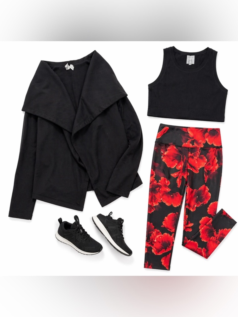 Black and Red Floral Leggings with Black Jacket and Top